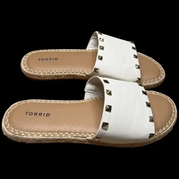 Torrid Women's Size 9WW White Leather Espadrilles Gold Studs Slides Plus Size - Picture 6 of 12